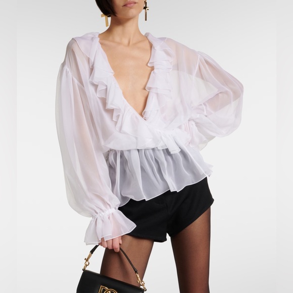 Dolce & Gabbana Tops - Dolce & Gabbana Silk Chiffon Ruffle Sheer White Puff Sleeve Blouse S NWT $2,145